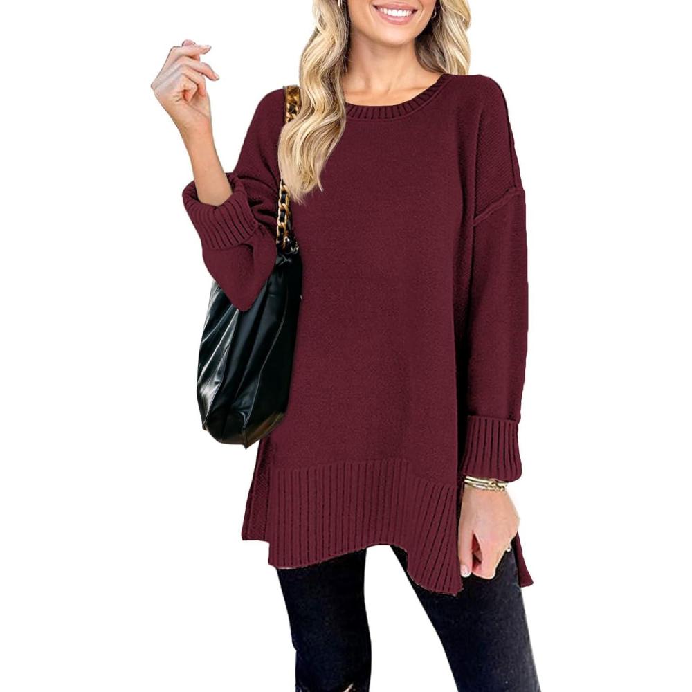 imageMEROKEETY Womens Fall Winter Oversized Pullover Sweater Spring Casual Loose Crew Neck Long Sleeve Side Split Jumper TopsWine