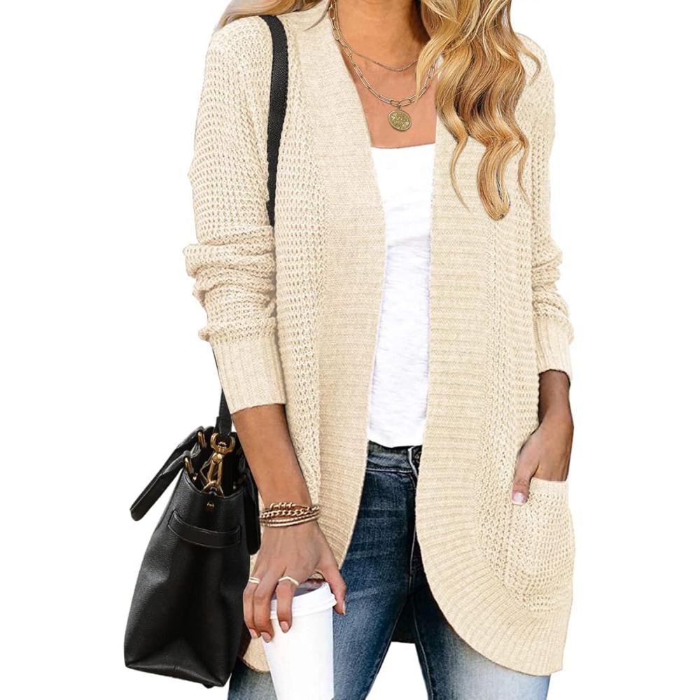 imageMEROKEETY Womens Long Sleeve Open Front Cardigans Chunky Knit Draped Sweaters OutwearApricot