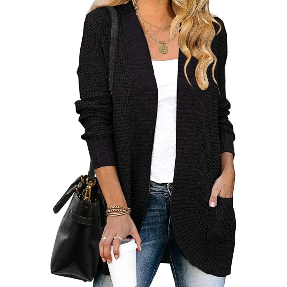 imageMEROKEETY Womens Long Sleeve Open Front Cardigans Chunky Knit Draped Sweaters OutwearBlack