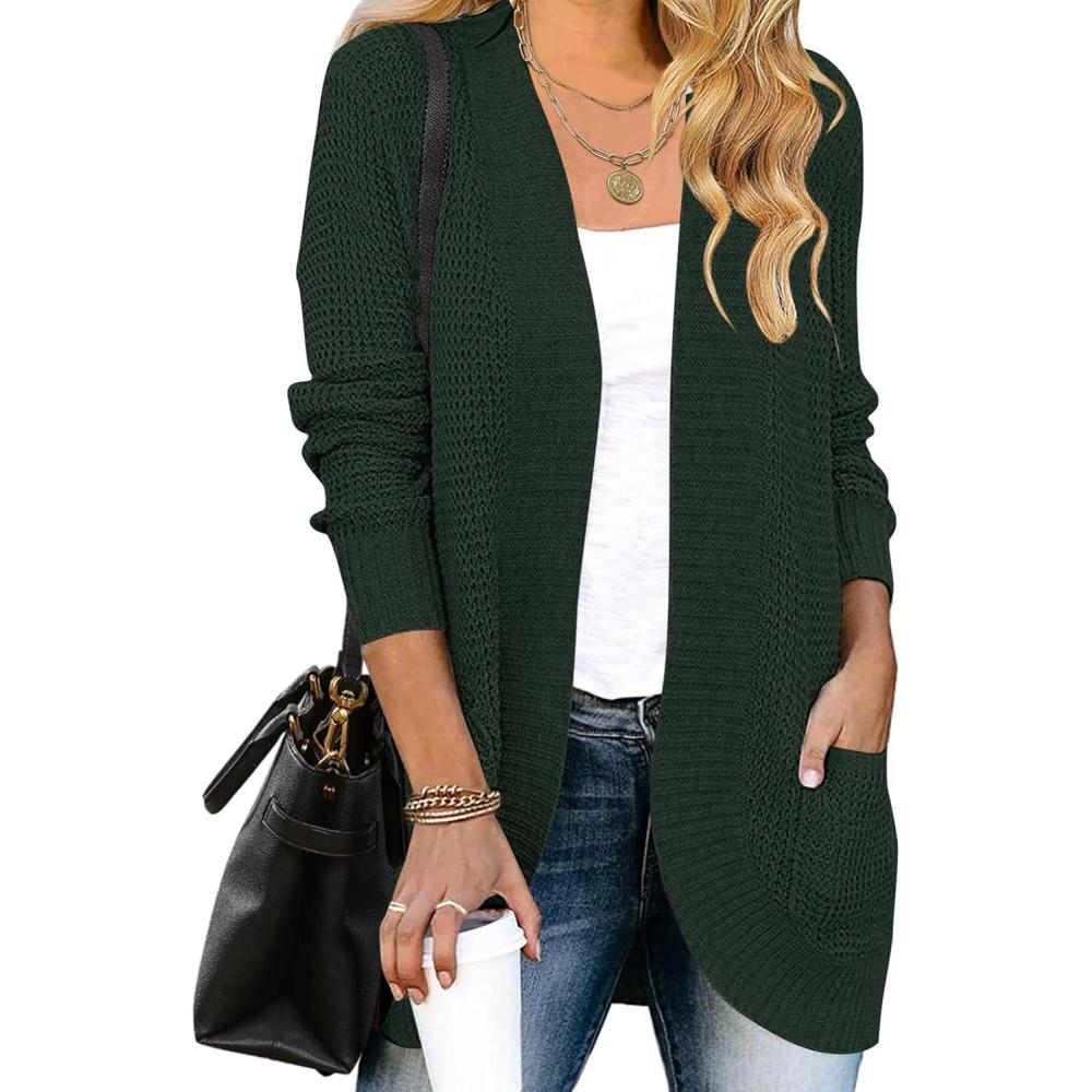 imageMEROKEETY Womens Long Sleeve Open Front Cardigans Chunky Knit Draped Sweaters OutwearDarkgreen