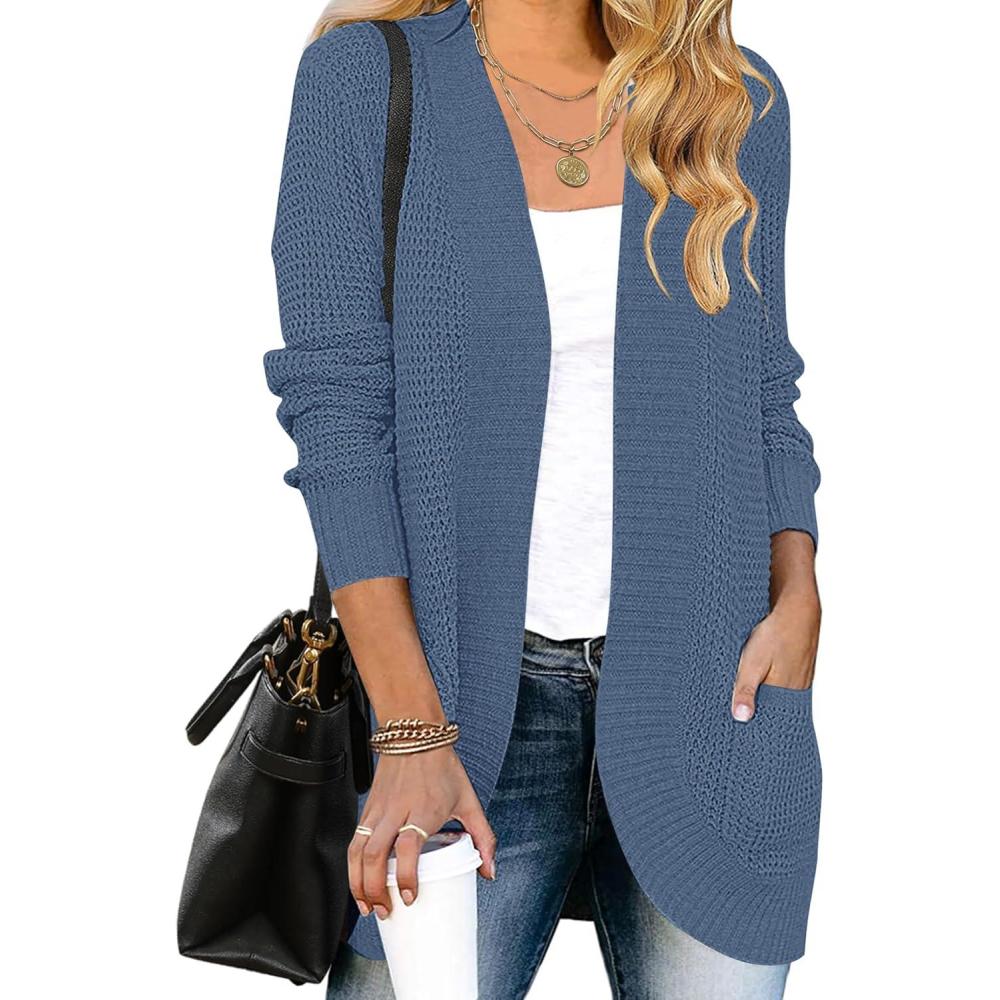 imageMEROKEETY Womens Long Sleeve Open Front Cardigans Chunky Knit Draped Sweaters OutwearDustyblue