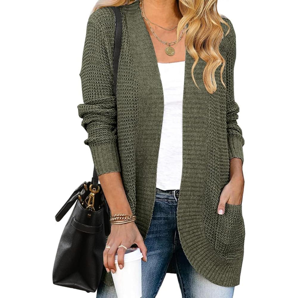 imageMEROKEETY Womens Long Sleeve Open Front Cardigans Chunky Knit Draped Sweaters OutwearGreen