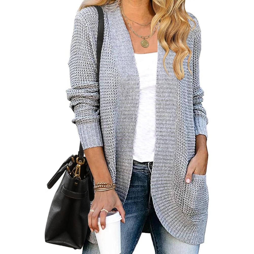 imageMEROKEETY Womens Long Sleeve Open Front Cardigans Chunky Knit Draped Sweaters OutwearGrey