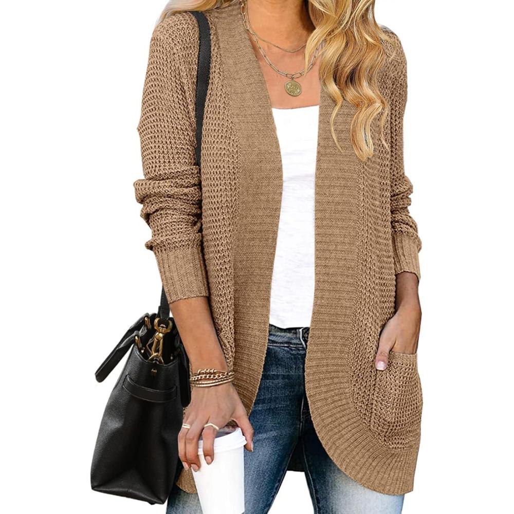 imageMEROKEETY Womens Long Sleeve Open Front Cardigans Chunky Knit Draped Sweaters OutwearKhaki