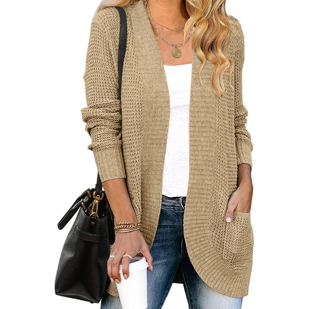 imageMEROKEETY Womens Long Sleeve Open Front Cardigans Chunky Knit Draped Sweaters OutwearLight Khaki