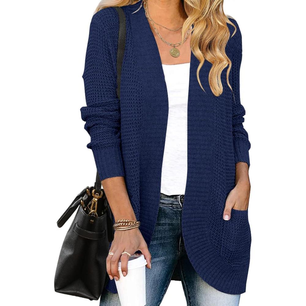imageMEROKEETY Womens Long Sleeve Open Front Cardigans Chunky Knit Draped Sweaters OutwearNavy