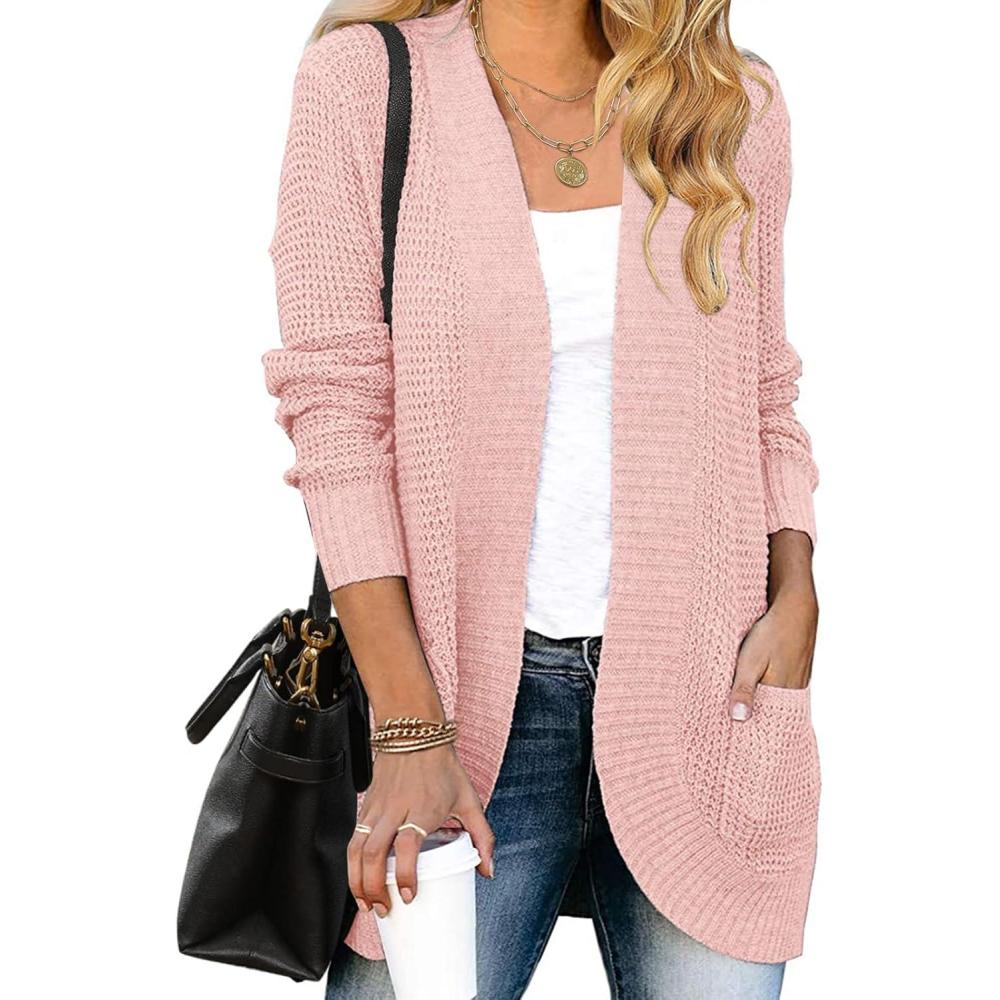 imageMEROKEETY Womens Long Sleeve Open Front Cardigans Chunky Knit Draped Sweaters OutwearPink