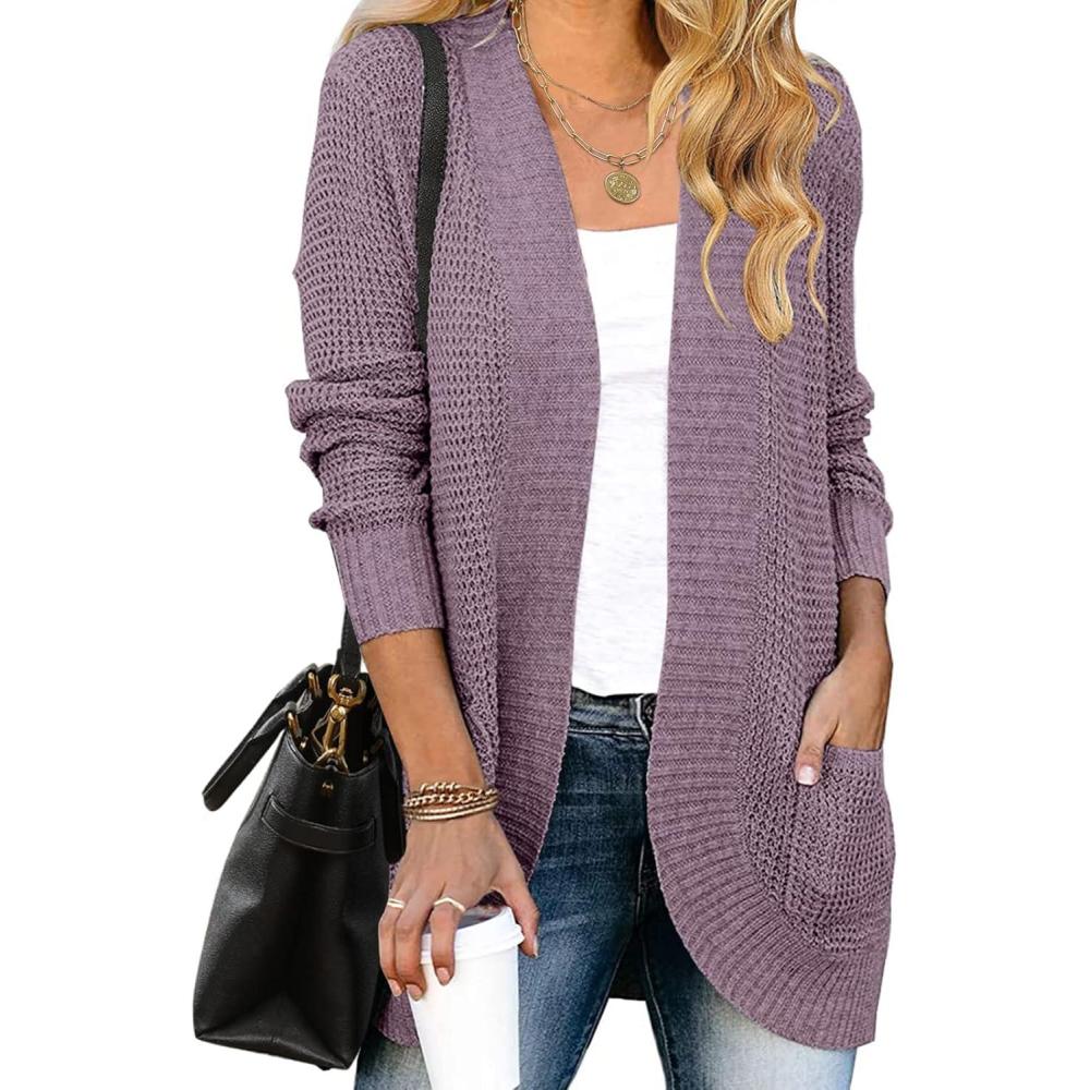 imageMEROKEETY Womens Long Sleeve Open Front Cardigans Chunky Knit Draped Sweaters OutwearPurple