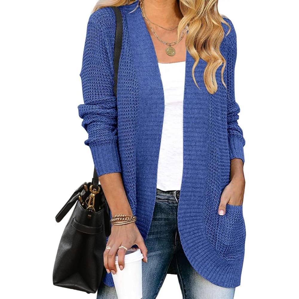 imageMEROKEETY Womens Long Sleeve Open Front Cardigans Chunky Knit Draped Sweaters OutwearRoyal Blue