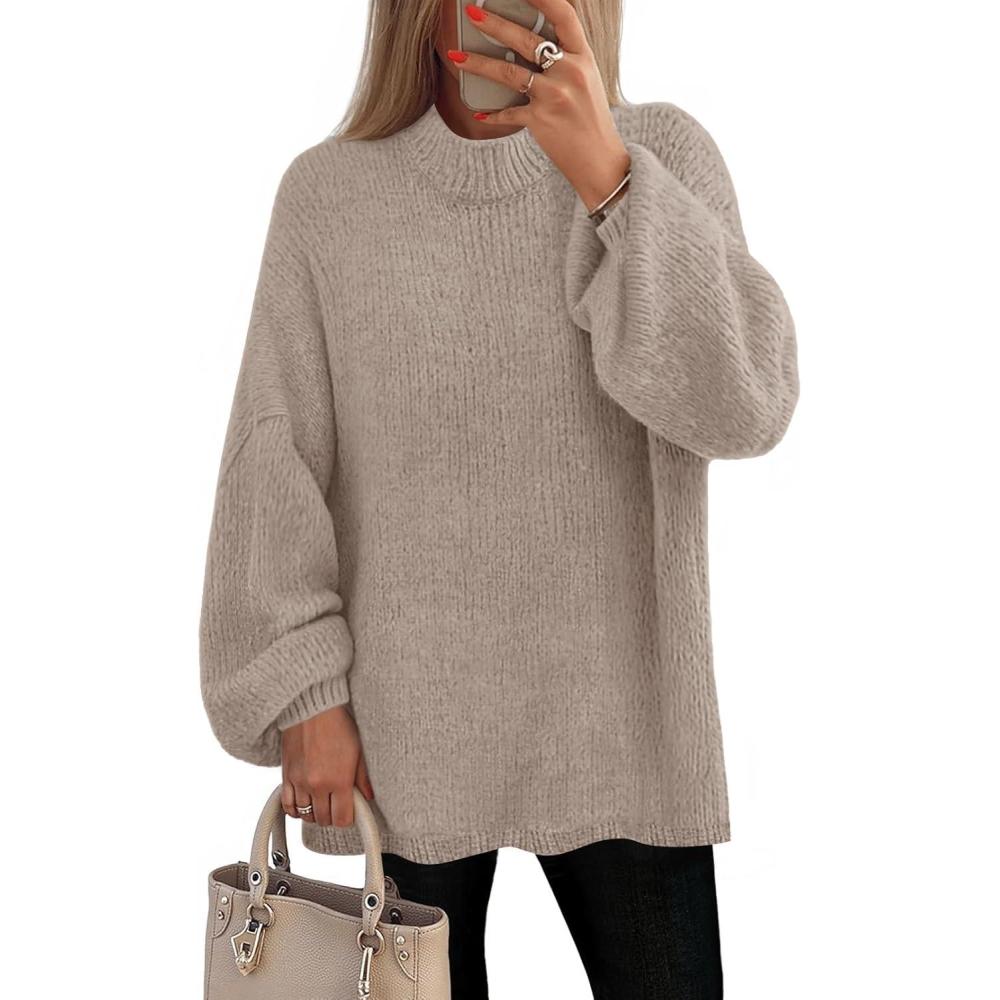 imageMEROKEETY Womens Long Sleeve Oversized Knit Sweaters 2025 Fall Trendy Casual Chunky Crewneck Pullover Jumpers TopsKhaki