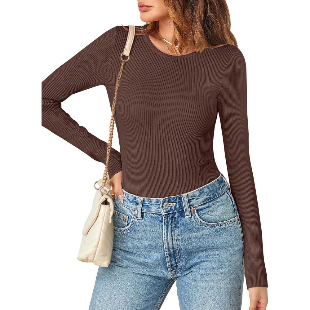 imageMEROKEETY Womens Long Sleeve Ribbed Bodysuits Crew Neck Slim Body Suits 2026 Knit Sweater TopsCoffee