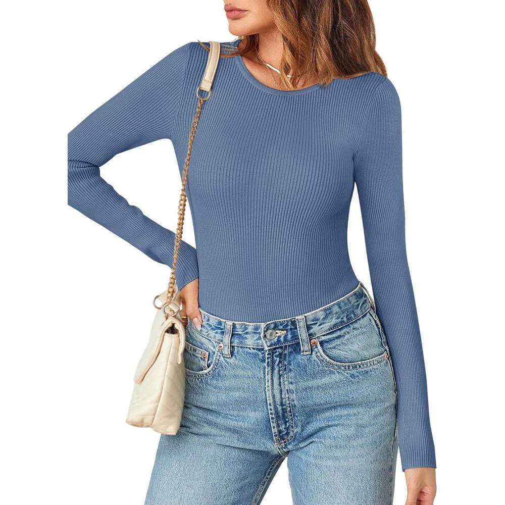 imageMEROKEETY Womens Long Sleeve Ribbed Bodysuits Crew Neck Slim Body Suits 2026 Knit Sweater TopsDustyblue