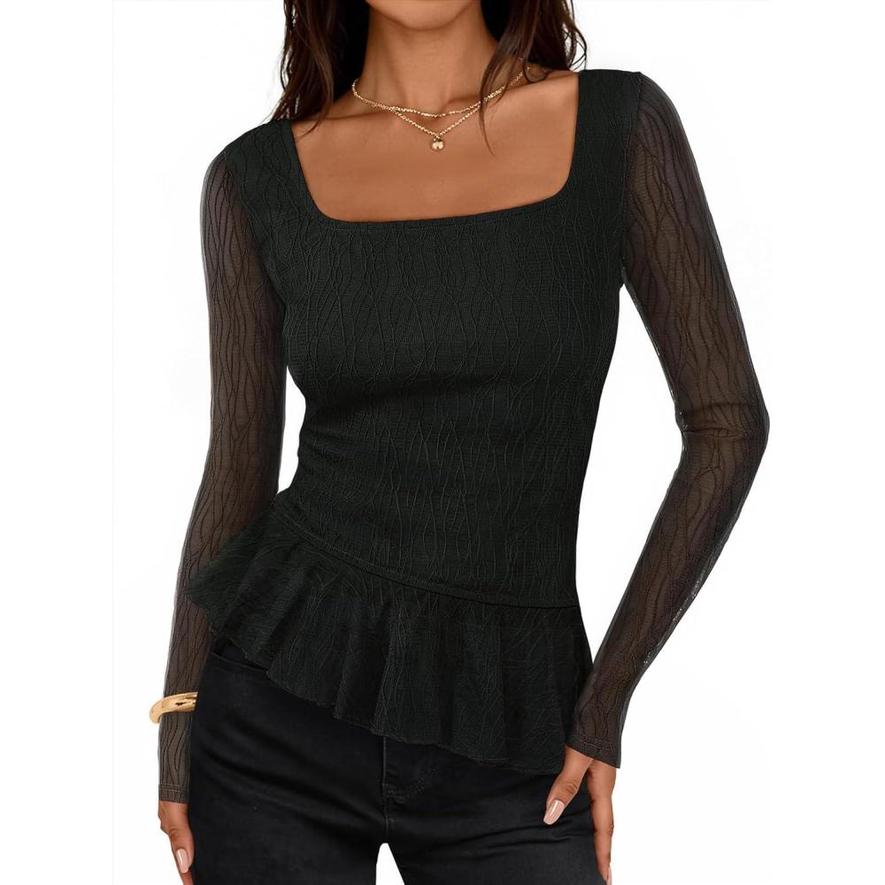 imageMEROKEETY Womens Long Sleeve Square Neck Tops Ruched Fall Trendy Tee Shirts Asymmetrical Going Out TopBlack