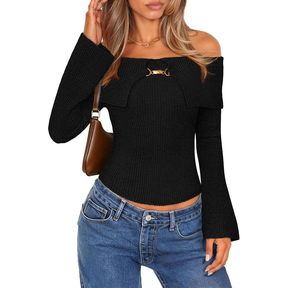 imageMEROKEETY Womens Off Shoulder Sweater 2025 Fall Cute Bell Long Sleeve Ribbed Knit Winter Pullover Knit OutfitsBlack