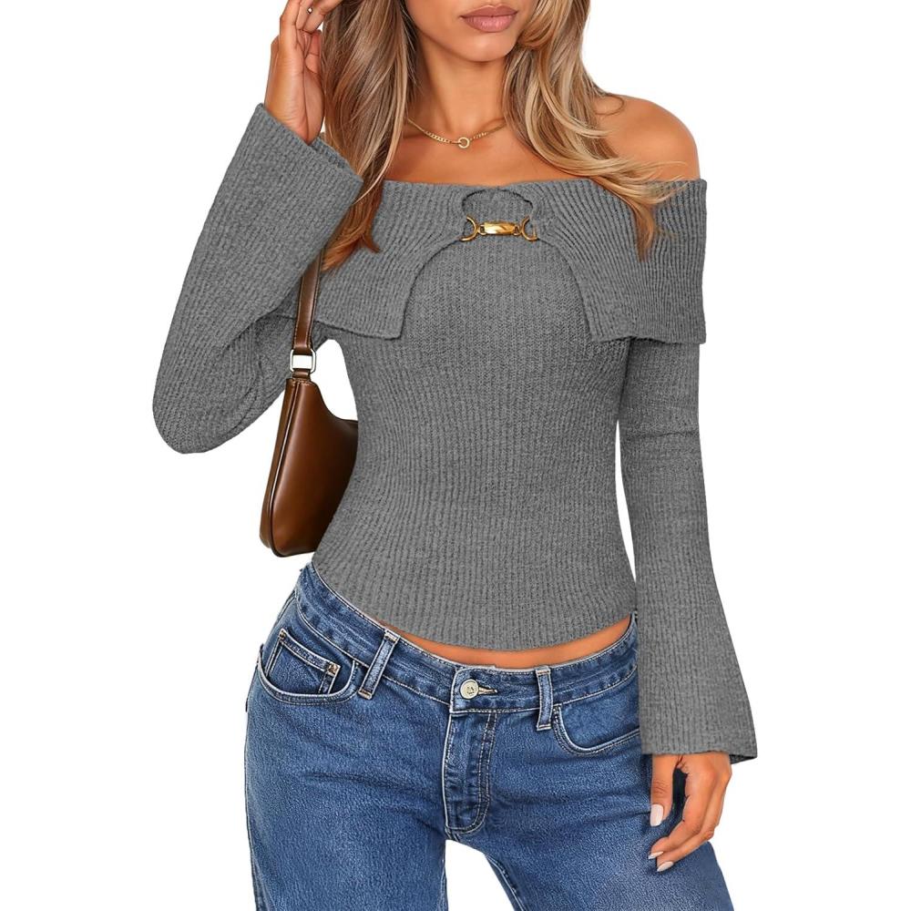 imageMEROKEETY Womens Off Shoulder Sweater 2025 Fall Cute Bell Long Sleeve Ribbed Knit Winter Pullover Knit OutfitsGray
