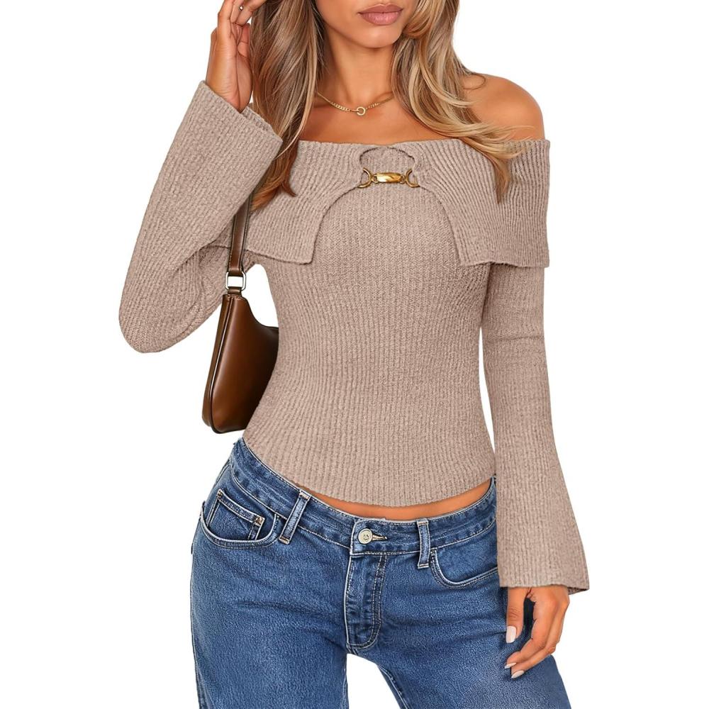 imageMEROKEETY Womens Off Shoulder Sweater 2025 Fall Cute Bell Long Sleeve Ribbed Knit Winter Pullover Knit OutfitsKhaki