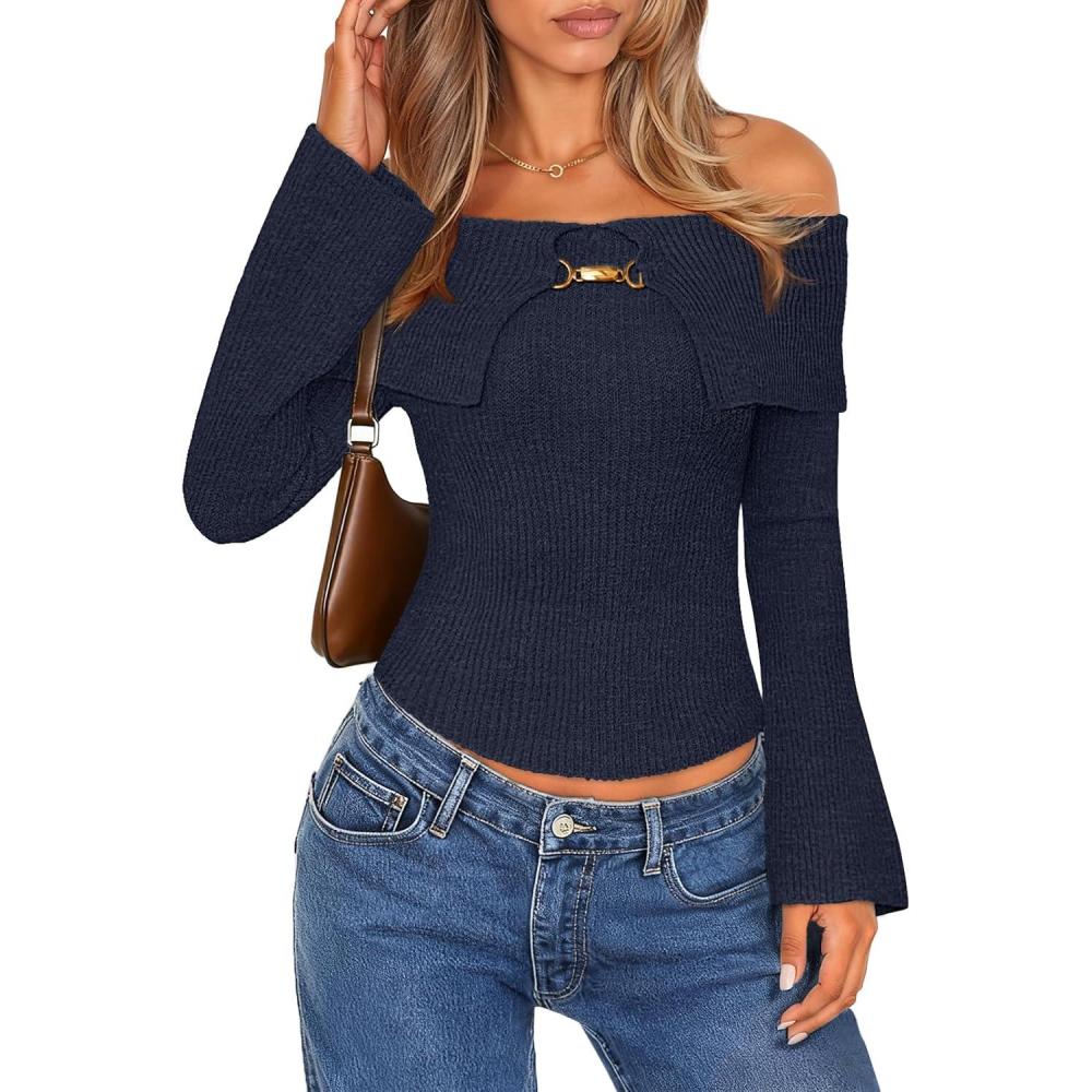 imageMEROKEETY Womens Off Shoulder Sweater 2025 Fall Cute Bell Long Sleeve Ribbed Knit Winter Pullover Knit OutfitsNavy
