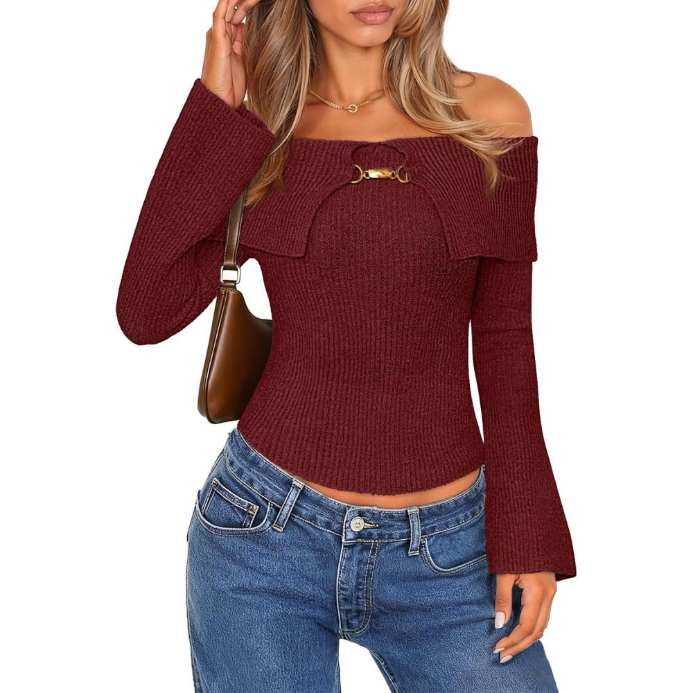 imageMEROKEETY Womens Off Shoulder Sweater 2025 Fall Cute Bell Long Sleeve Ribbed Knit Winter Pullover Knit OutfitsWine