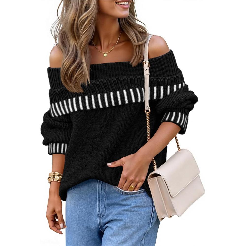 imageMEROKEETY Womens Off Shoulder Sweater 2025 Fall Winter Fashion Oversized Ribbed Knit Striped Pullover TopsBlack