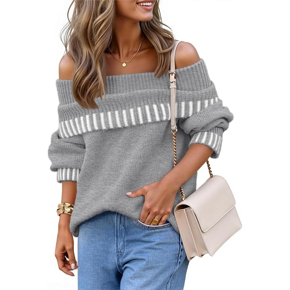 imageMEROKEETY Womens Off Shoulder Sweater 2025 Fall Winter Fashion Oversized Ribbed Knit Striped Pullover TopsGrey