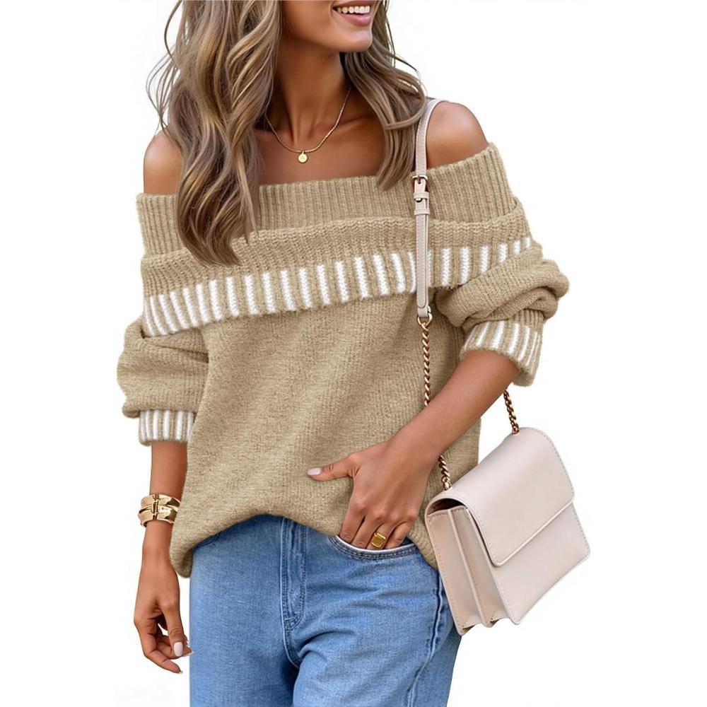 imageMEROKEETY Womens Off Shoulder Sweater 2025 Fall Winter Fashion Oversized Ribbed Knit Striped Pullover TopsKhaki