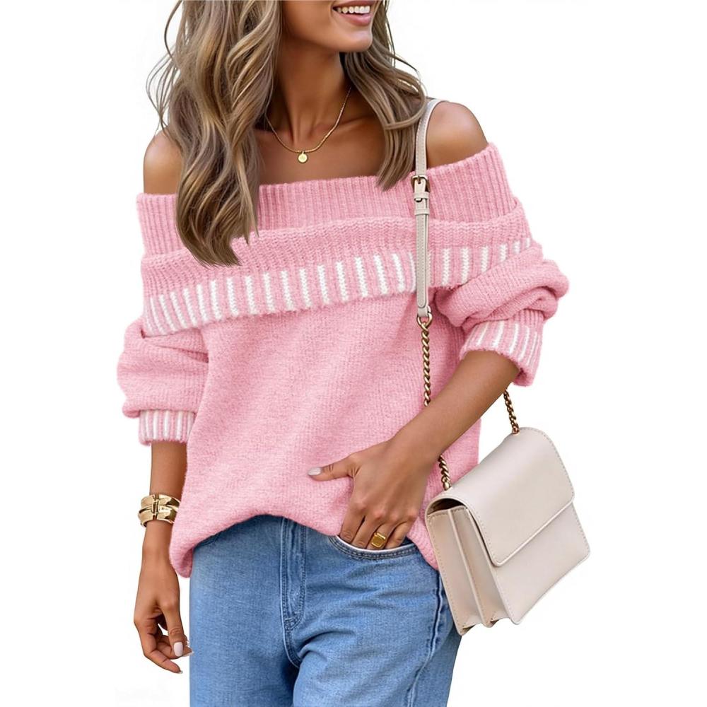 imageMEROKEETY Womens Off Shoulder Sweater 2025 Fall Winter Fashion Oversized Ribbed Knit Striped Pullover TopsPink