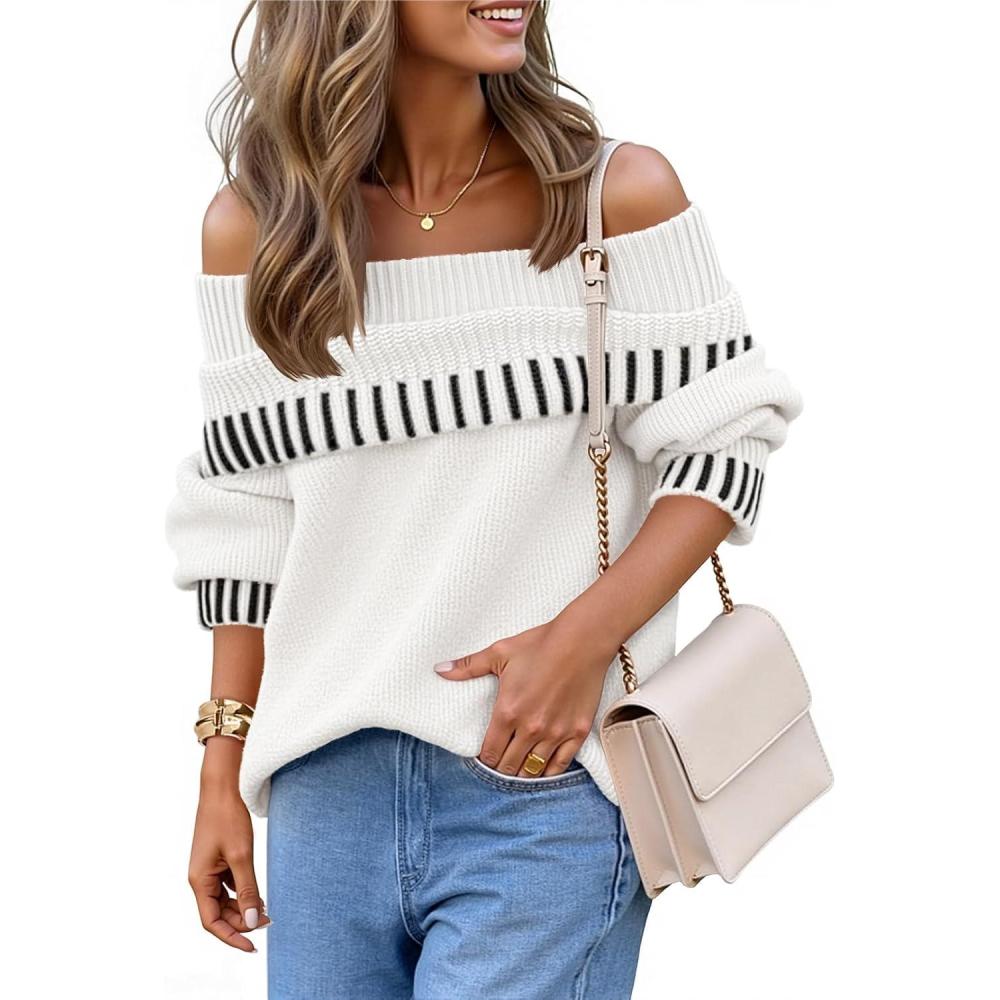 imageMEROKEETY Womens Off Shoulder Sweater 2025 Fall Winter Fashion Oversized Ribbed Knit Striped Pullover TopsWhite