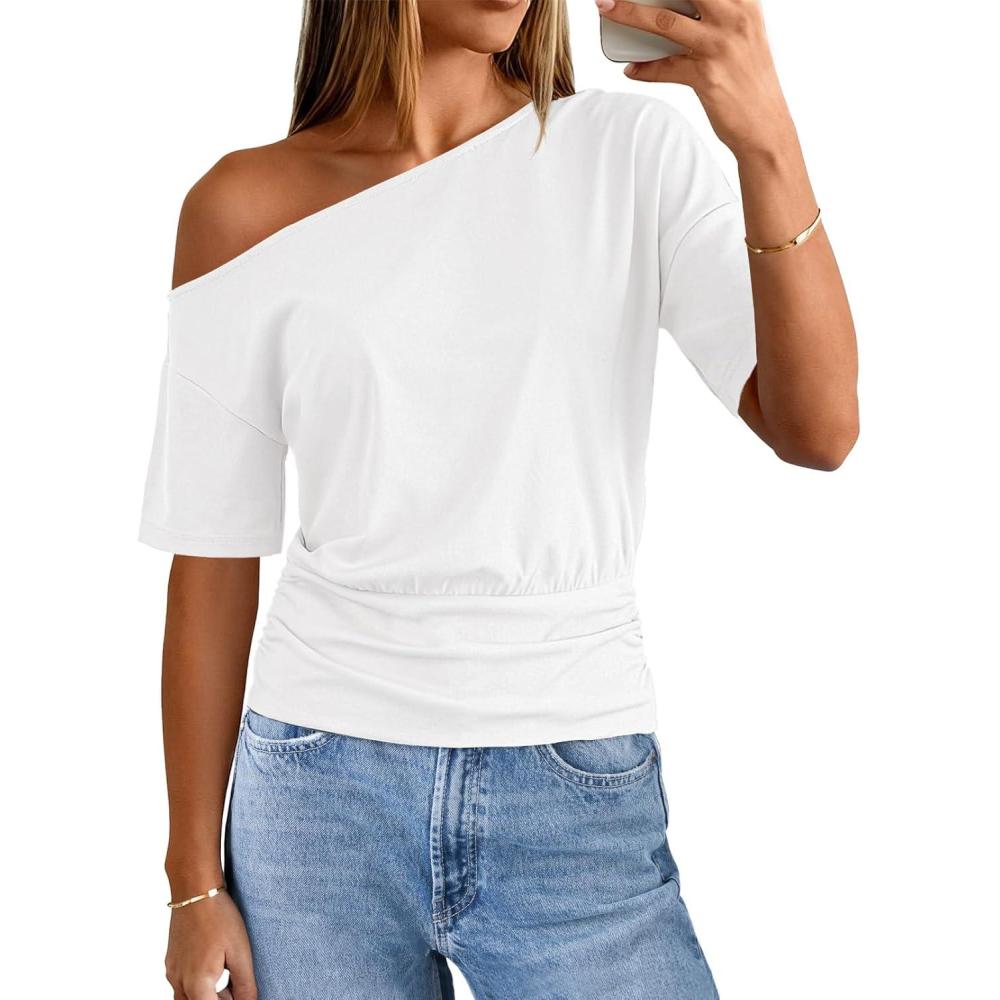 imageMEROKEETY Womens Off The Shoulder Short Sleeve Tops 2026 Summer Casual Going Out Trendy Y2k T ShirtsWhite