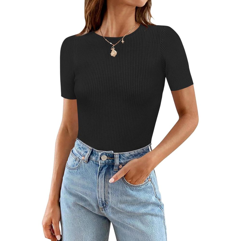 imageMEROKEETY Womens Short Sleeve Crewneck Bodysuits Summer Ribbed Knit Tops Slim Fit Body SuitBlack