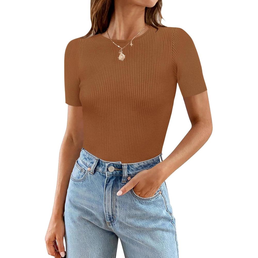 imageMEROKEETY Womens Short Sleeve Crewneck Bodysuits Summer Ribbed Knit Tops Slim Fit Body SuitBrown