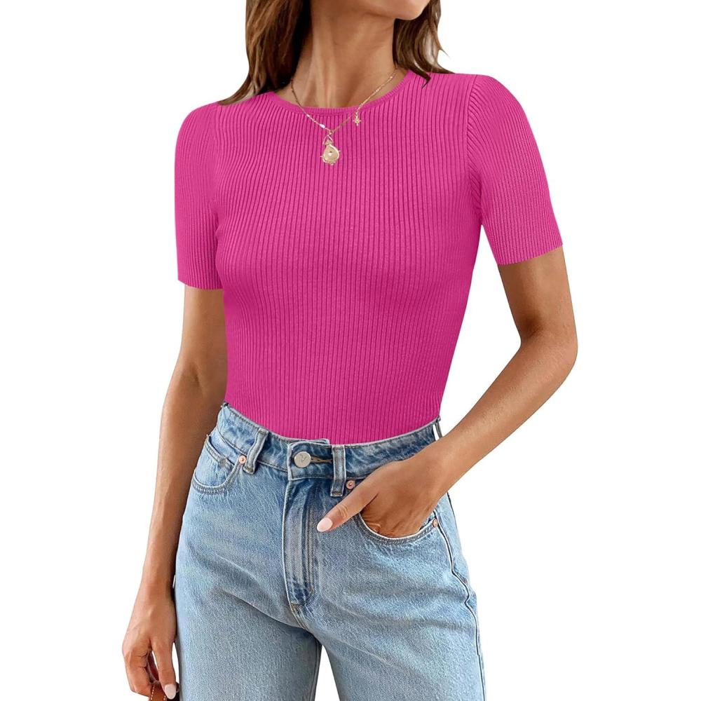 imageMEROKEETY Womens Short Sleeve Crewneck Bodysuits Summer Ribbed Knit Tops Slim Fit Body SuitRose