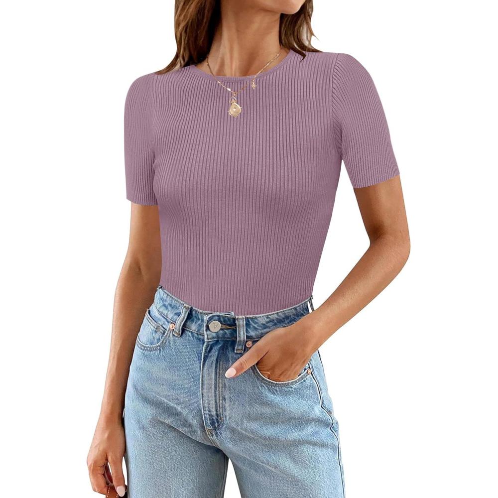 imageMEROKEETY Womens Short Sleeve Crewneck Bodysuits Summer Ribbed Knit Tops Slim Fit Body SuitTaro