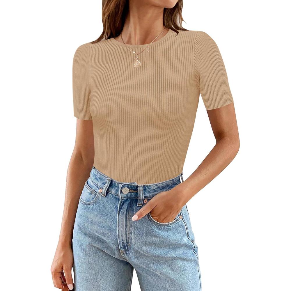 imageMEROKEETY Womens Short Sleeve Crewneck Bodysuits Summer Ribbed Knit Tops Slim Fit Body SuitToffee