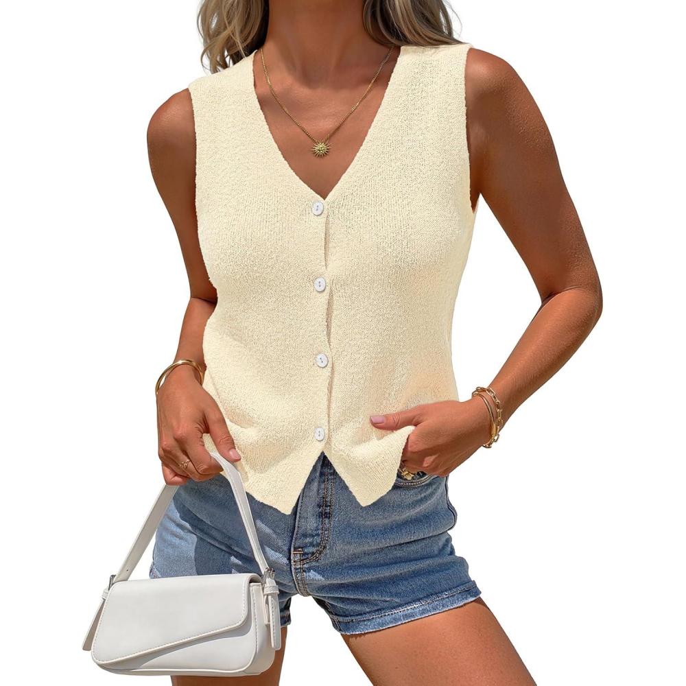 imageMEROKEETY Womens Sleeveless Sweater Vest 2026 Spring Summer Knit Tank Top Casual V Neck Button Waistcoat CardiganBeige