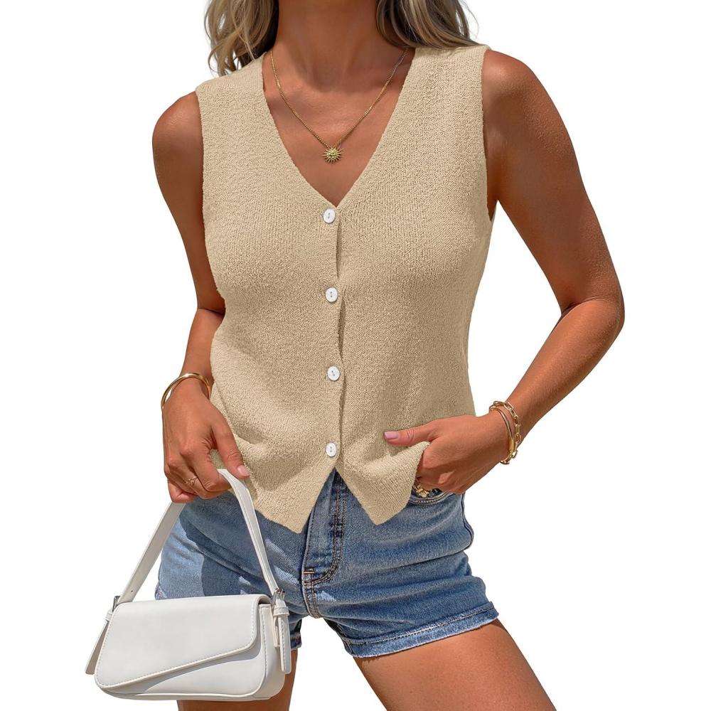 imageMEROKEETY Womens Sleeveless Sweater Vest 2026 Spring Summer Knit Tank Top Casual V Neck Button Waistcoat CardiganKhaki