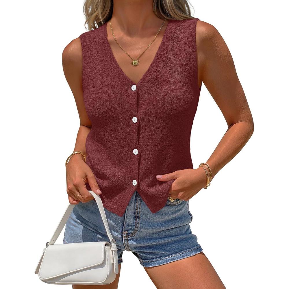 imageMEROKEETY Womens Sleeveless Sweater Vest 2026 Spring Summer Knit Tank Top Casual V Neck Button Waistcoat CardiganWine