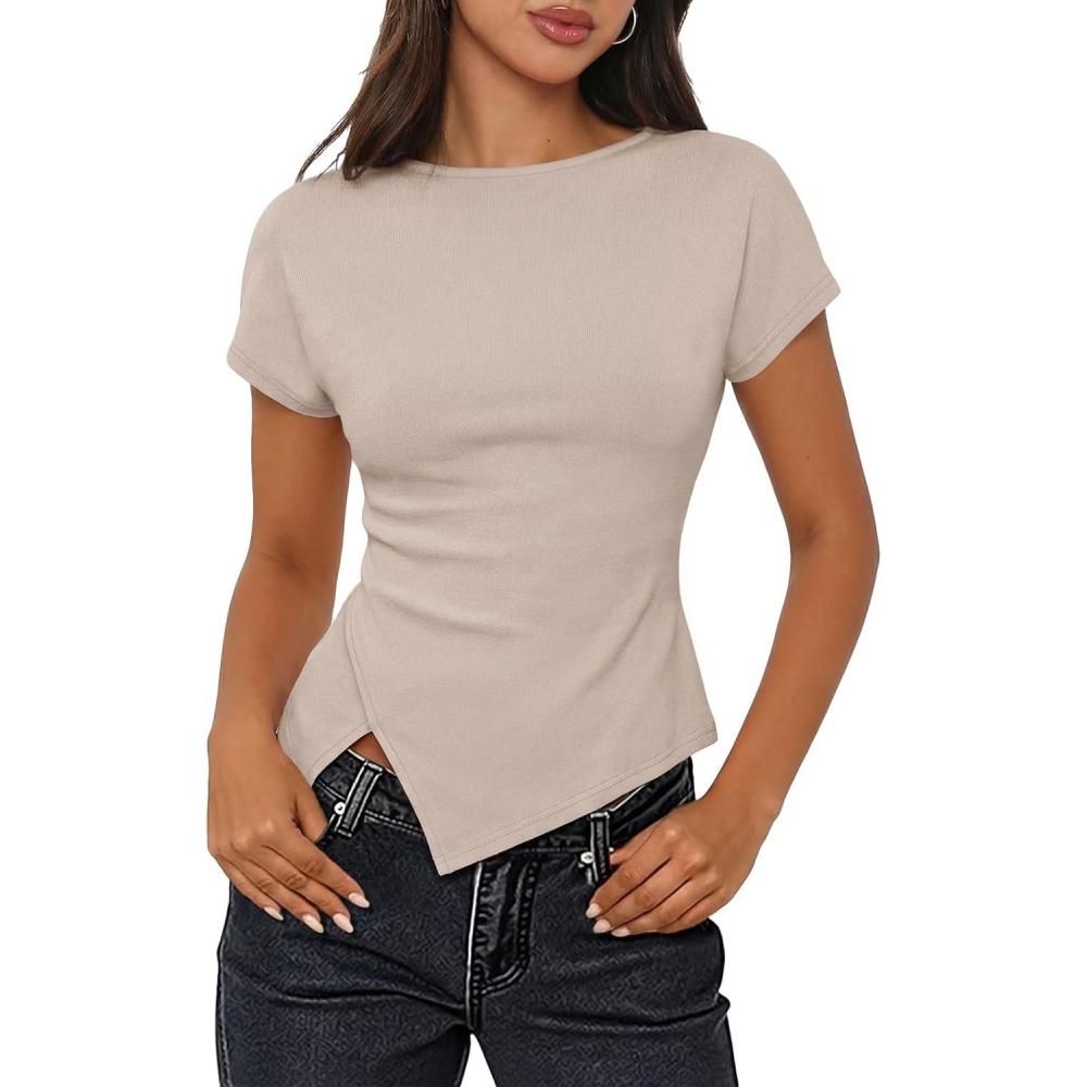 imageMEROKEETY Womens Summer Asymmetrical Tops 2026 Short Sleeve Boat Neck Ruched Slim Going Out TShirts Trendy Y2K ClothesApricot