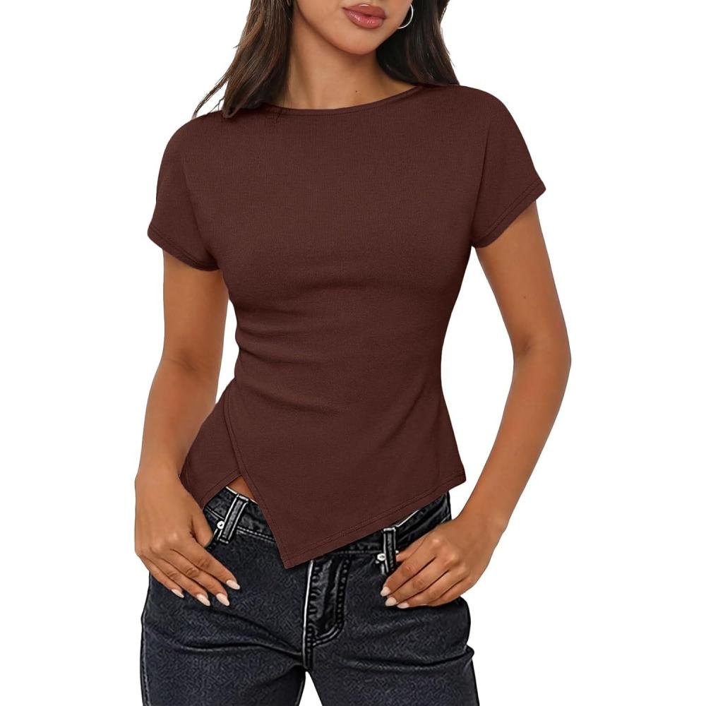 imageMEROKEETY Womens Summer Asymmetrical Tops 2026 Short Sleeve Boat Neck Ruched Slim Going Out TShirts Trendy Y2K ClothesCoffee