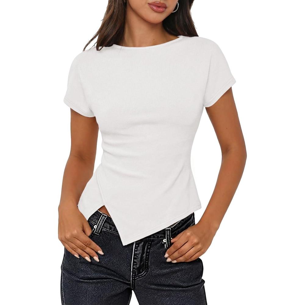imageMEROKEETY Womens Summer Asymmetrical Tops 2026 Short Sleeve Boat Neck Ruched Slim Going Out TShirts Trendy Y2K ClothesWhite