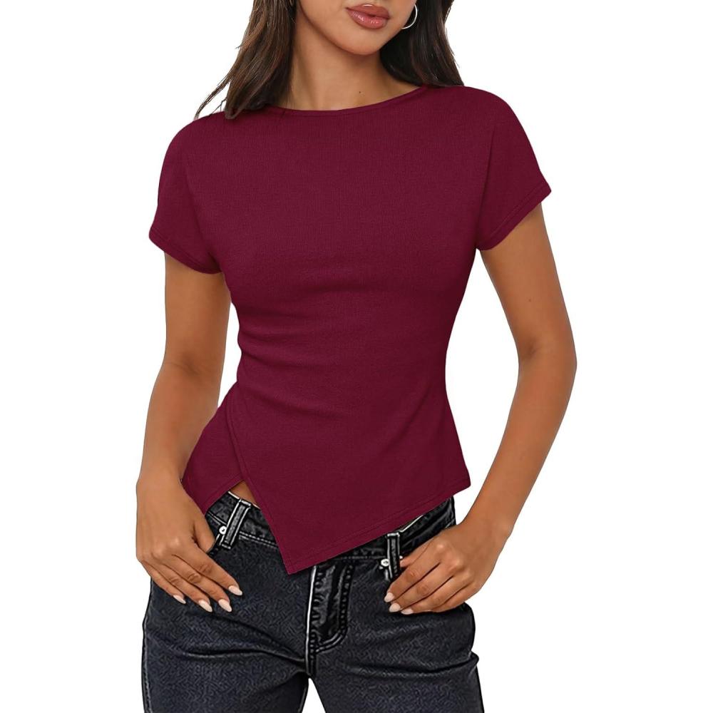 imageMEROKEETY Womens Summer Asymmetrical Tops 2026 Short Sleeve Boat Neck Ruched Slim Going Out TShirts Trendy Y2K ClothesWine