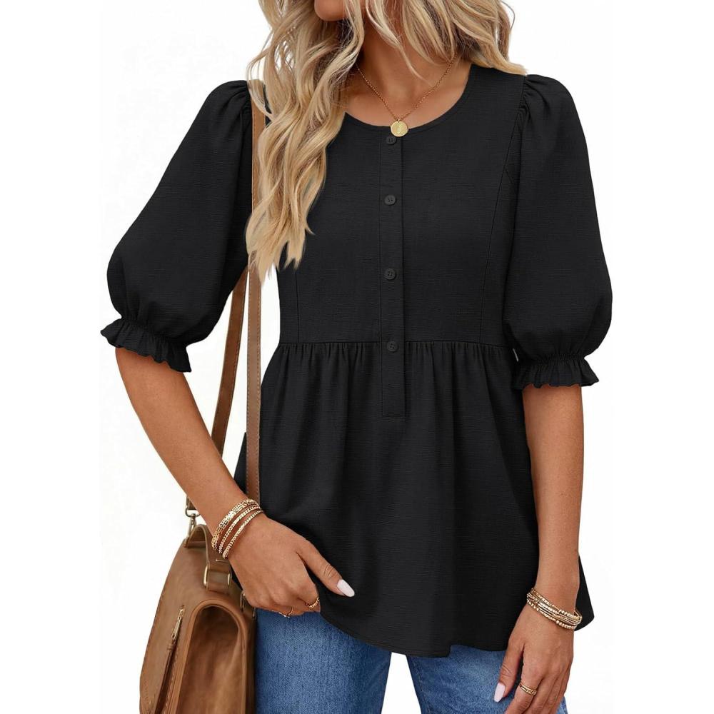 imageMEROKEETY Womens Summer Babydoll Peplum Tops Blouse 2026 Puff Short Sleeve Crewneck Ruffle Casual Cute ShirtsBlack