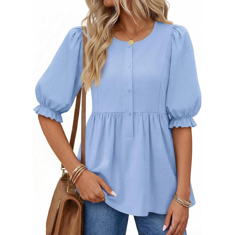 imageMEROKEETY Womens Summer Babydoll Peplum Tops Blouse 2026 Puff Short Sleeve Crewneck Ruffle Casual Cute ShirtsBlue