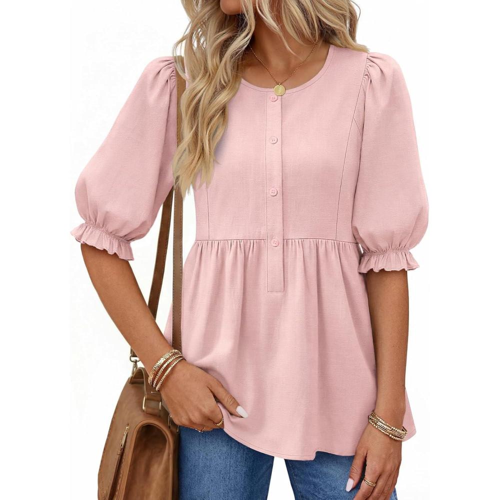 imageMEROKEETY Womens Summer Babydoll Peplum Tops Blouse 2026 Puff Short Sleeve Crewneck Ruffle Casual Cute ShirtsPink