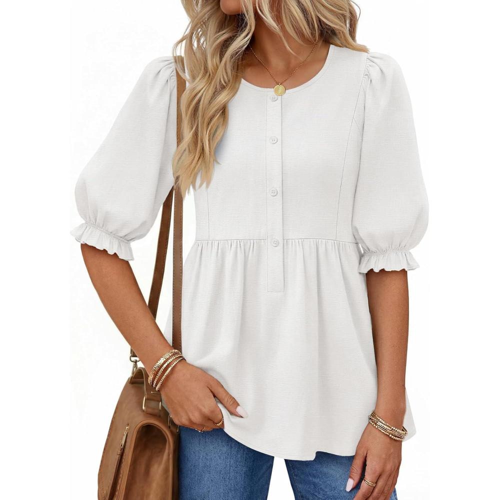 imageMEROKEETY Womens Summer Babydoll Peplum Tops Blouse 2026 Puff Short Sleeve Crewneck Ruffle Casual Cute ShirtsWhite