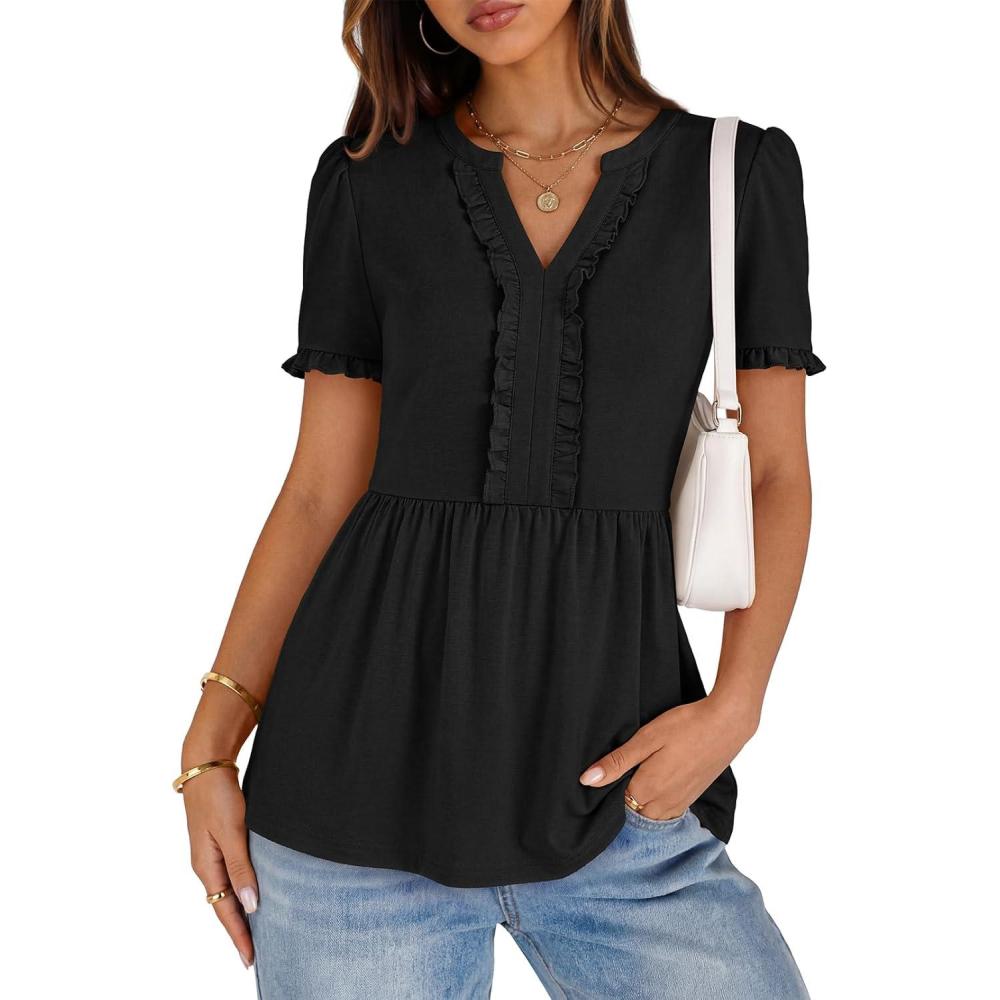imageMEROKEETY Womens Summer Peplum Tunic Blouse 2026 Babydoll Tops Ruffle Short Sleeve V Neck Casual Loose T ShirtsBlack