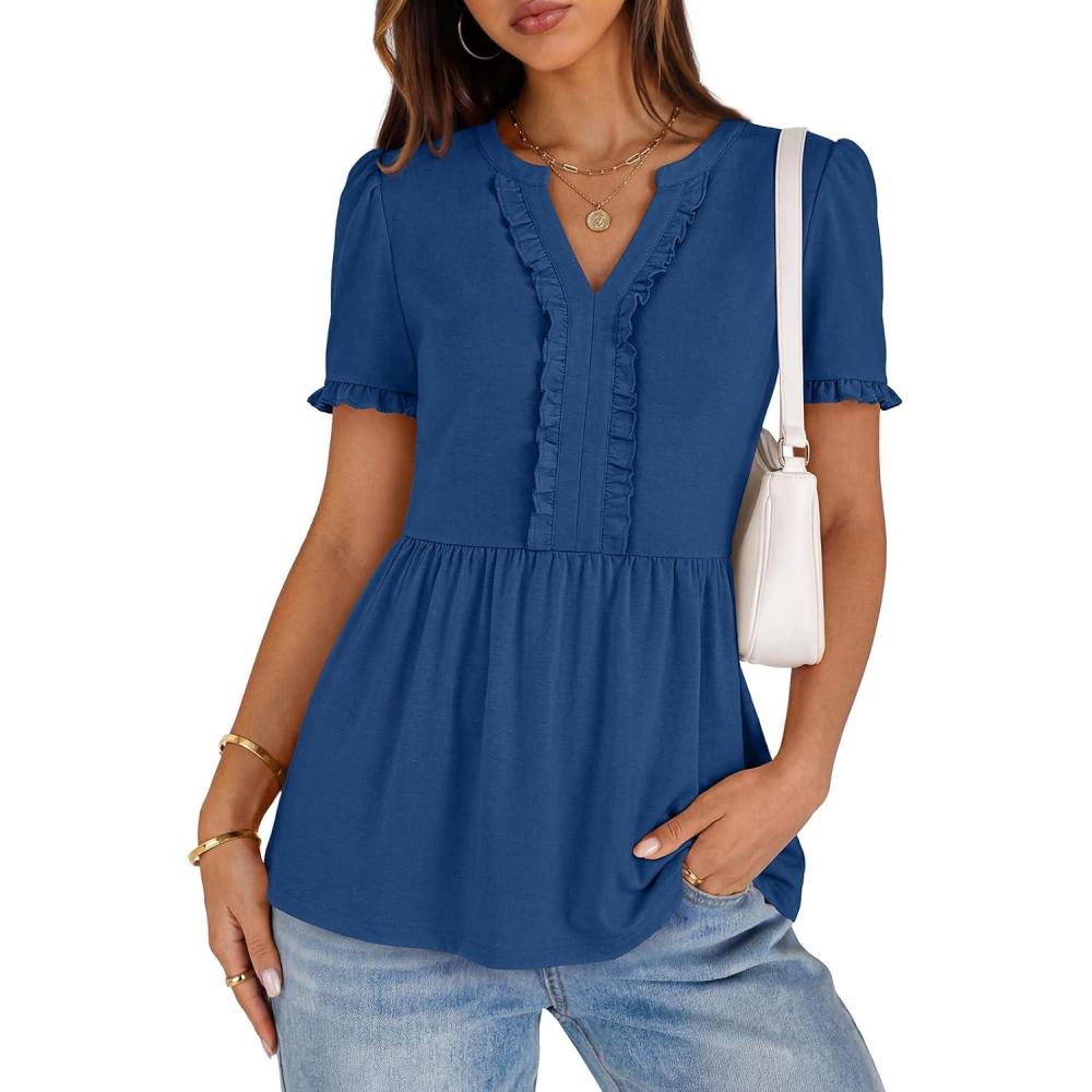 imageMEROKEETY Womens Summer Peplum Tunic Blouse 2026 Babydoll Tops Ruffle Short Sleeve V Neck Casual Loose T ShirtsDark Blue