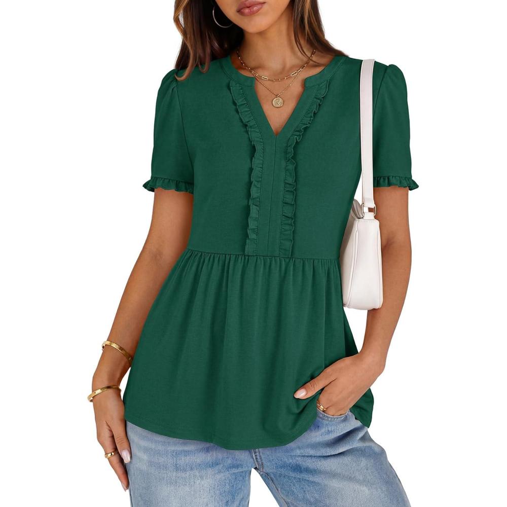imageMEROKEETY Womens Summer Peplum Tunic Blouse 2026 Babydoll Tops Ruffle Short Sleeve V Neck Casual Loose T ShirtsDark Green