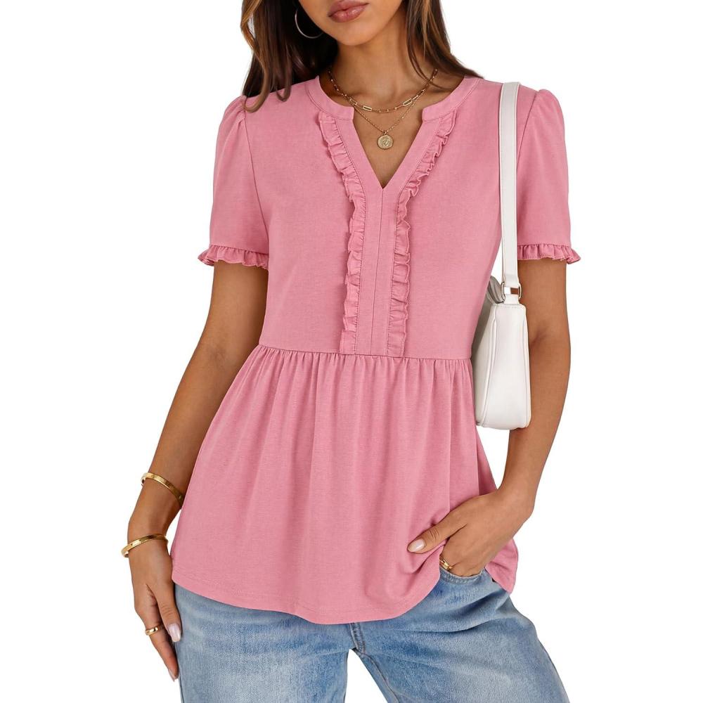imageMEROKEETY Womens Summer Peplum Tunic Blouse 2026 Babydoll Tops Ruffle Short Sleeve V Neck Casual Loose T ShirtsPink