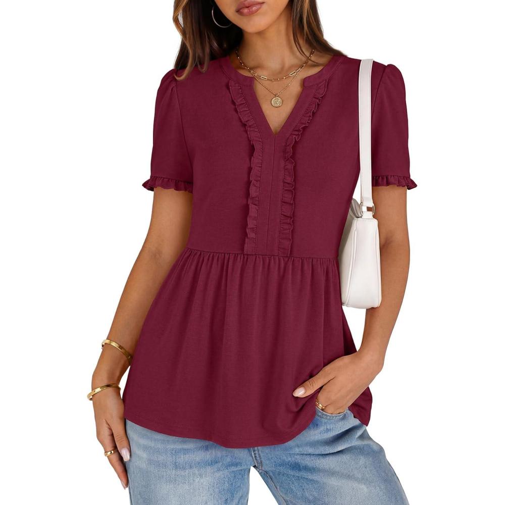 imageMEROKEETY Womens Summer Peplum Tunic Blouse 2026 Babydoll Tops Ruffle Short Sleeve V Neck Casual Loose T ShirtsWine