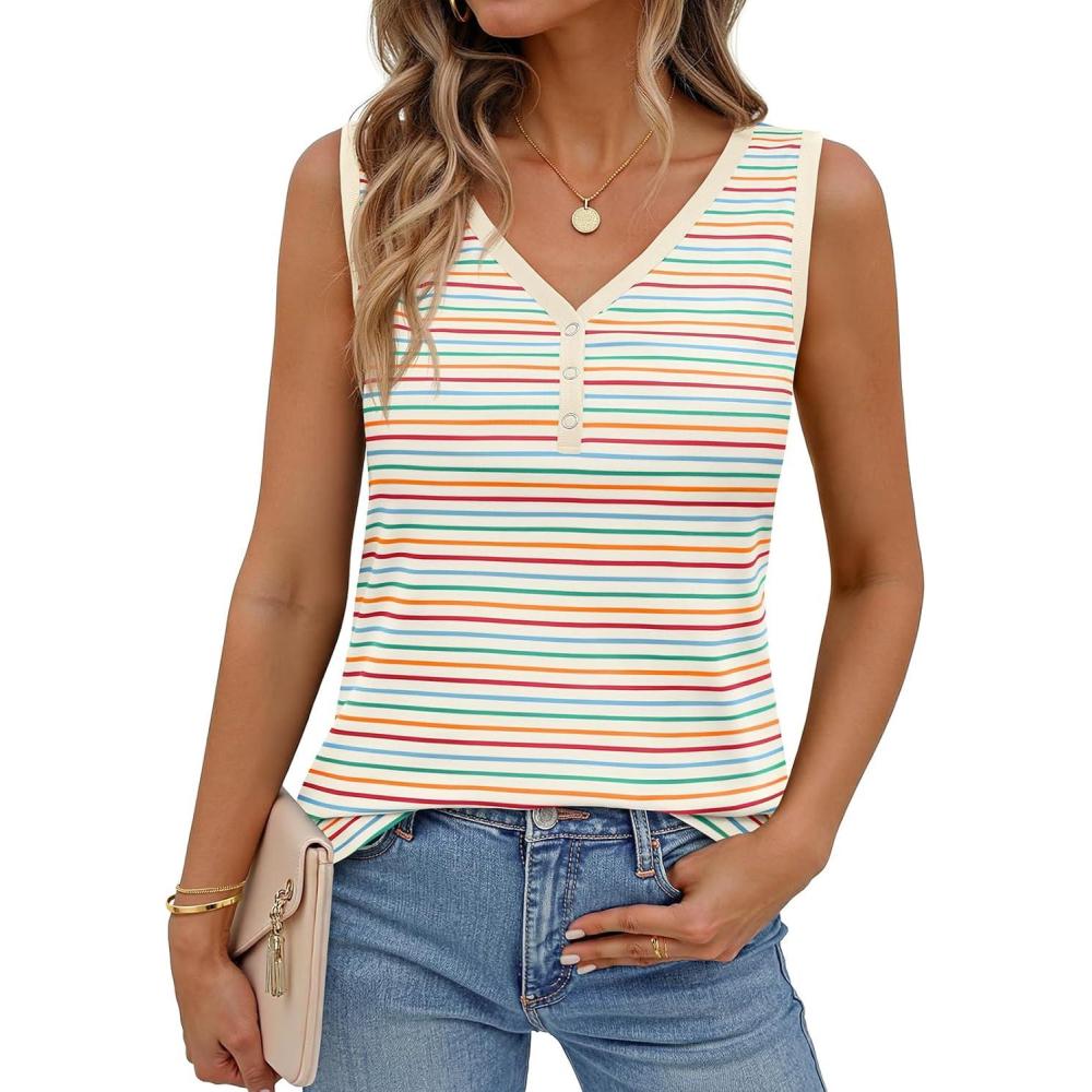imageMEROKEETY Womens Summer Tank Tops 2026 Striped V Neck Sleeveless Casual Henley Shirts Colourful Button Cami TeeGreen Red